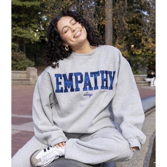 THE MAYFAIR GROUP Empathy Always Graphic Sweatshirt in Grey/Plaid Size X-Small - Picture 1 of 12
